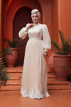 Boncuk Detaylı Bej Tesettür Abiye Elbise 52751BEJ