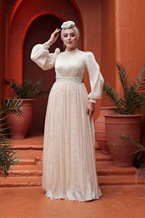 Boncuk Detaylı Bej Tesettür Abiye Elbise 52751BEJ