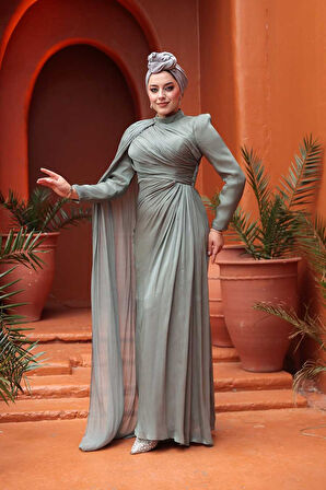 Pelerin Detaylı Çağla Yeşili Tesettür Abiye Elbise 5296CY