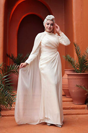 Pelerin Detaylı Bej Tesettür Abiye Elbise 5296BEJ