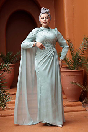 Pelerin Detaylı Mint Tesettür Abiye Elbise 5296MINT