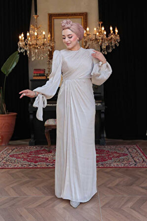 Drape Detaylı Taş Tesettür Abiye Elbise 50193TAS