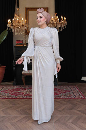 Drape Detaylı Taş Tesettür Abiye Elbise 50193TAS
