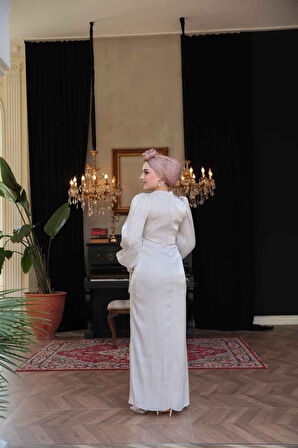Drape Detaylı Taş Tesettür Abiye Elbise 50193TAS