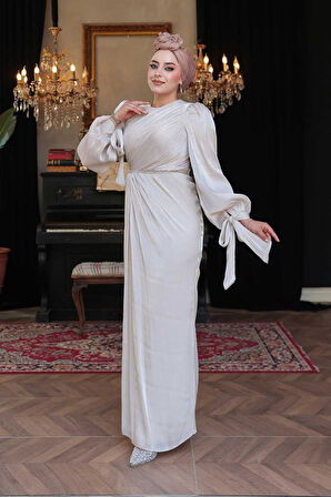 Drape Detaylı Taş Tesettür Abiye Elbise 50193TAS