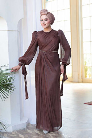 Drape Detaylı Koyu Kahverengi Tesettür Abiye Elbise 50193KKH
