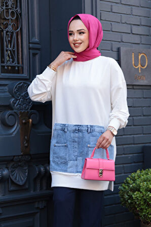 Desenli Ekru Tesettür Tunik 10631E