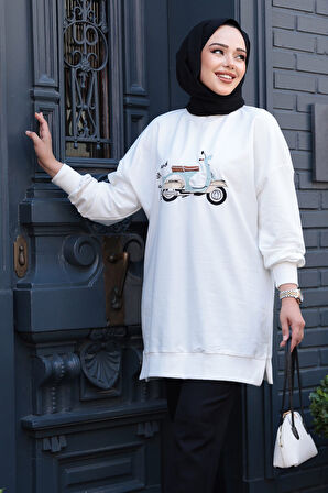 Desenli Ekru Tesettür Tunik 10636E