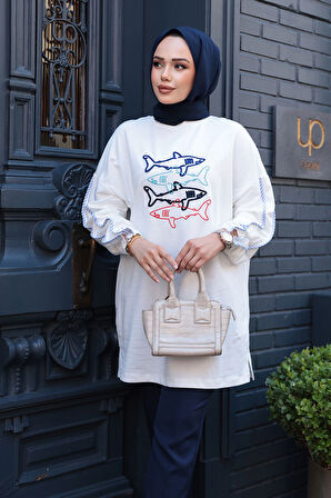 Desenli Ekru Tesettür Tunik 10640E