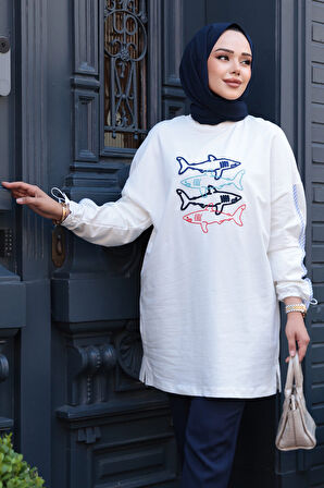 Desenli Ekru Tesettür Tunik 10640E