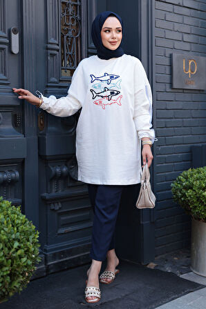 Desenli Ekru Tesettür Tunik 10640E