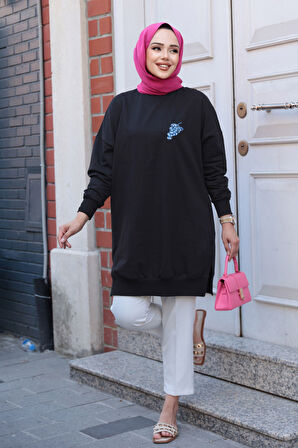 Desen Detaylı Siyah Tesettür Tunik 10653S