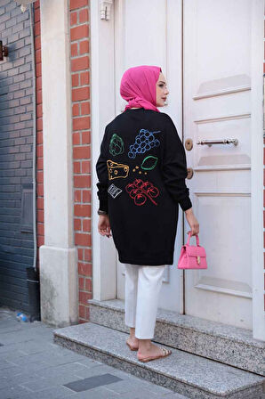 Desen Detaylı Siyah Tesettür Tunik 10653S