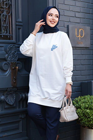 Desen Detaylı Ekru Tesettür Tunik 10653E