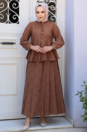 Düğmeli Kahverengi Tesettür Etekli İkili Takım 14334KH