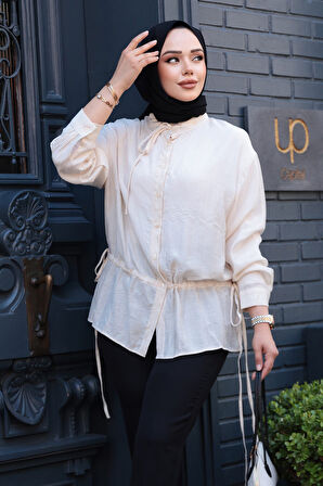 Düğmeli Bej Tesettür Gömlek 32358BEJ