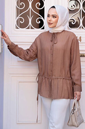 Düğmeli Kahverengi Tesettür Gömlek 32358KH