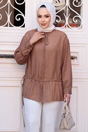 Düğmeli Kahverengi Tesettür Gömlek 32358KH