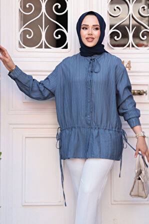 Düğmeli İndigo Mavisi Tesettür Gömlek 32358IM