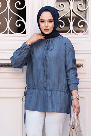 Düğmeli İndigo Mavisi Tesettür Gömlek 32358IM