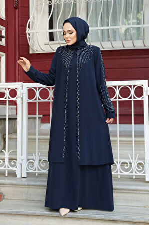 Boncuk İşlemeli Lacivert Tesettür Abaya 29131L