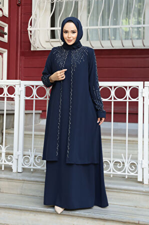 Boncuk İşlemeli Lacivert Tesettür Abaya 29131L