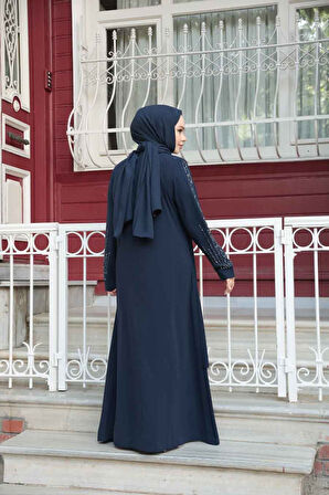 Boncuk İşlemeli Lacivert Tesettür Abaya 29131L