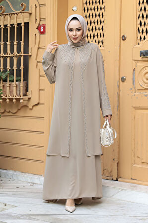 Boncuk İşlemeli Bej Tesettür Abaya 29131BEJ