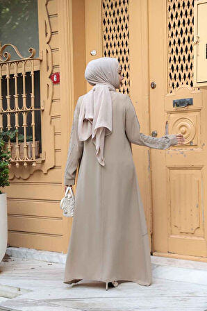 Boncuk İşlemeli Bej Tesettür Abaya 29131BEJ