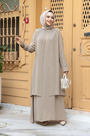 Boncuk İşlemeli Bej Tesettür Abaya 29131BEJ