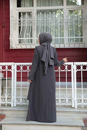 Boncuk İşlemeli Füme Tesettür Abaya 29131FU