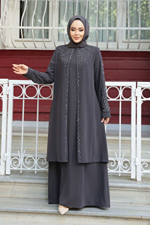 Boncuk İşlemeli Füme Tesettür Abaya 29131FU