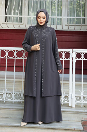 Boncuk İşlemeli Füme Tesettür Abaya 29131FU