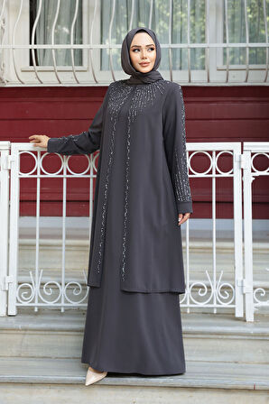 Boncuk İşlemeli Füme Tesettür Abaya 29131FU