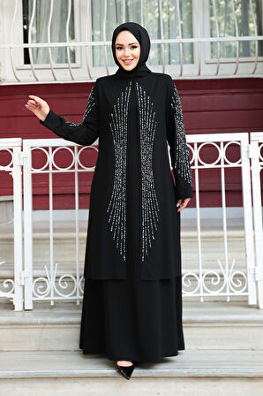 Boncuk İşlemeli Siyah Tesettür Abaya 29132S