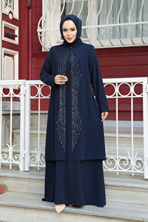 Boncuk İşlemeli Lacivert Tesettür Abaya 29132L