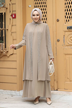 Boncuk İşlemeli Bej Tesettür Abaya 29132BEJ