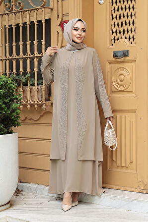 Boncuk İşlemeli Bej Tesettür Abaya 29132BEJ
