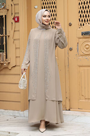 Boncuk İşlemeli Bej Tesettür Abaya 29132BEJ
