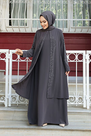 Boncuk İşlemeli Füme Tesettür Abaya 29132FU