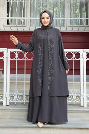 Boncuk İşlemeli Füme Tesettür Abaya 29132FU