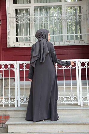 Boncuk İşlemeli Füme Tesettür Abaya 29132FU