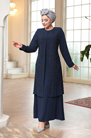 Boncuk İşlemeli Lacivert Tesettür Abaya 29121L