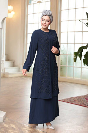 Boncuk İşlemeli Lacivert Tesettür Abaya 29121L
