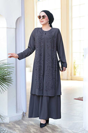 Boncuk İşlemeli Füme Tesettür Abaya 29121FU
