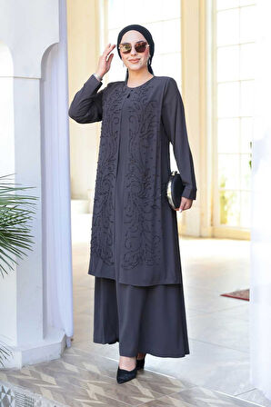 Boncuk İşlemeli Füme Tesettür Abaya 29121FU