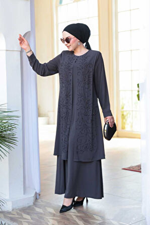 Boncuk İşlemeli Füme Tesettür Abaya 29121FU