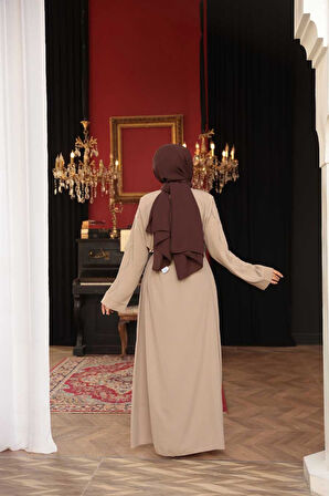 Boncuk İşlemeli Bej Tesettür Abaya 29117BEJ
