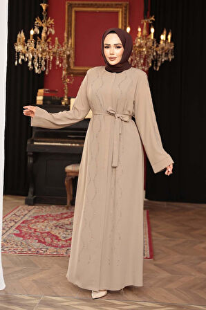 Boncuk İşlemeli Bej Tesettür Abaya 29117BEJ