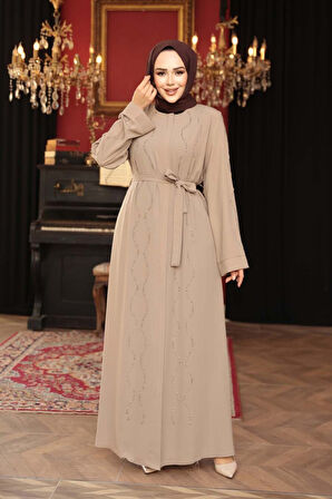 Boncuk İşlemeli Bej Tesettür Abaya 29117BEJ